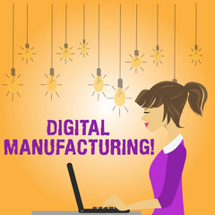 Writing note showing Digital Manufacturing. Business concept for integrated approach to analysisufacturing processes photo of Young Busy Woman Sitting Side View and Working on her Laptop