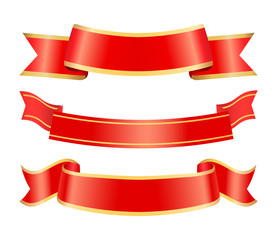 Red stripes with empty place vector, set of isolated banners for text with curved edges, graphic blank tapes made of silk, curly shapes with frames