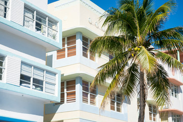 Fototapeta na wymiar Detail close-up of typical colorful Art Deco architecture with tropical palm tree on Ocean Drive in South Beach, Miami, Florida