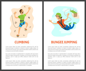Bungee jumping woman vector, climbing hobby poster with text. Extreme sports activities giving adrenaline, hobby of people, wall with rocks flat style