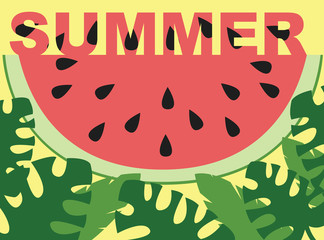 summer banner watermelon with tropical leaves. Vector illustration.