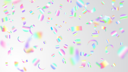 Abstract illustration of flying shiny colored confetti and pieces of serpentine on white background