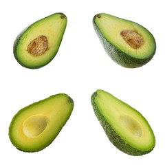 set of halves of avocado isolated on white background