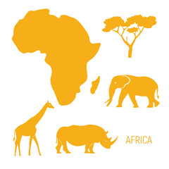 Africa. Map of Africa continent with wild animals silhouettes - elephant, rhinoceros, giraffe. Eco friendly design. Vector illustration
