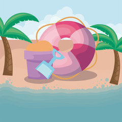 summer beach scene with float and sand bucket