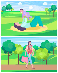 Obraz na płótnie Canvas Mother and kid spending time together vector, woman laying on mat and raising kid, son childhood. Lady walking with bag carrying baby, forest trees