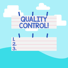 Handwriting text writing Quality Control. Conceptual photo system of maintaining standards in analysisufactured products Two Color Blank Strip Size Lined Paper Sheet Hanging Using Blue Clothespin