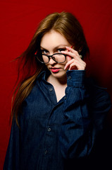 beautiful girl in jeans in the Studio