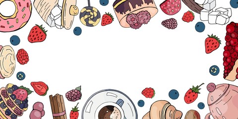 Horizontal banner with different cakes, coffee, friut and berries isolated on white background