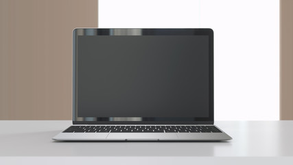 Modern laptop computer on a white table, mockup. 3D illustration.