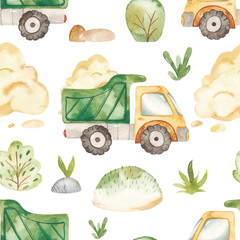 Watercolor seamless pattern with urban cartoon cute transport. Texture for boyish design, birthday, wallpaper, scrapbooking, prints, clothes, fabrics, textiles, packaging. © MarinaErmakova