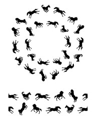 a wreath of vector isolated silhouettes of black horses galloping on a white background