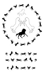 a wreath of vector isolated silhouettes of black horses galloping on a white background