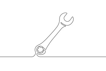 One mechanical wrench for nuts drawn in one continuous line black color isolated on white background. Style of self drawing