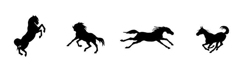 silhouettes of black horses galloping on a white background