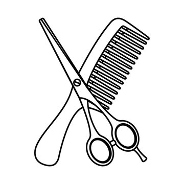 Line art black and white comb and scissors