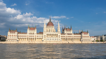 Fototapeta na wymiar View of the Hungarian Parliament Building on the bank of the Danube from a cruising boat in Budapest.