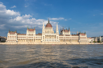 View of the Hungarian Parliament Building on the bank of the Danube from a cruising boat in Budapest.