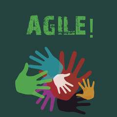Conceptual hand writing showing Agile. Concept meaning Develop an agility towards technological chnage Hand Marks of Different Sizes for Teamwork and Creativity