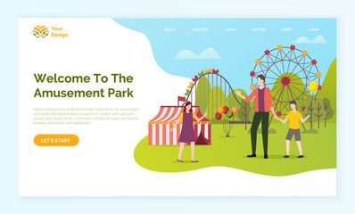 Fototapeta premium Welcome to amusement park vector, man with kids having fun. Family standing by ferris wheel, and stripped tent, balloons and carousel. Website or webpage template, landing page flat style