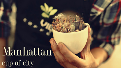 White cup of coffee, Manhattan city in cup, cup of city
