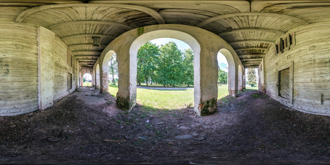 full seamless spherical hdri panorama 360 degrees angle view near wooden abandoned ruined farm barn building with columns in equirectangular projection, VR AR virtual reality content