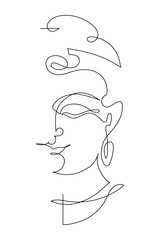 One continuous line drawing Buddha. The symbol of Hinduism, Buddhism, spirituality and enlightenment. Tattoo, illustration, printing on fabric