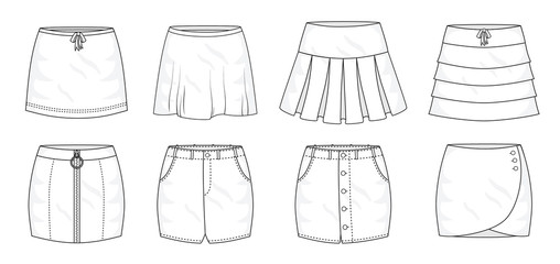 Set of summer sprint mini skirts and fashion stylish skirts collection template, fill in the blank apparal tops bottoms various styles. Bow tie, pleated, layered, zipped, jeans, buttons wrap and loose