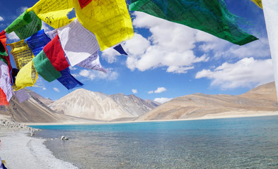 Pangong lake Flag of montra in leh ladakh india