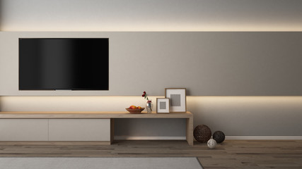 Built in TV wall cabinet with indirect lighting rattan ball, picture frame, flower and fruits - 3D rendering