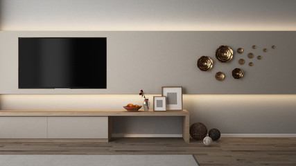 Built in TV wall cabinet with indirect lighting,gold flower, rattan ball, picture frame, flower and fruits - 3D rendering - obrazy, fototapety, plakaty