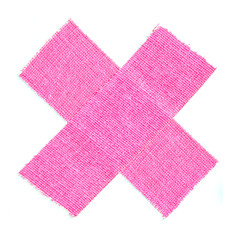 Bright pink matte cloth gaffer tape cross isolated on white background.