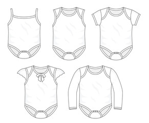 Set of baby rompers and fashion stylish  collection template, fill in the blank  tops bottoms various styles. Childres toddlers, sleeves and sleeveless vector outline
