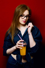 beautiful girl in jeans in the Studio