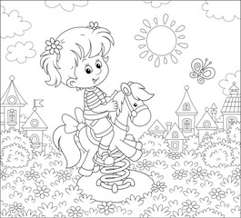 Smiling girl playing on a toy horse swing on a playground of a small town on a sunny summer day, black and white vector illustration in a cartoon style for a coloring book
