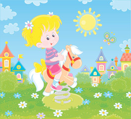 Obraz na płótnie Canvas Smiling girl playing on a toy horse swing on a playground of a small town on a sunny summer day, vector illustration in a cartoon style