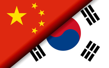 Flags of the China and South Korea divided diagonally
