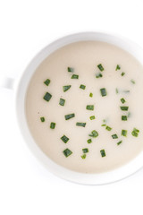 French vichyssoise soup in bowl isolated on white background