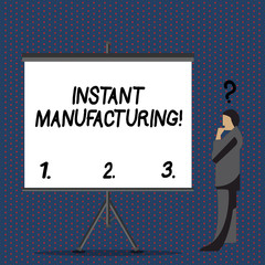 Text sign showing Instant Manufacturing. Business photo text Machines that make products directly from digital file Businessman with Question Mark Above his Head Standing Beside Blank Screen