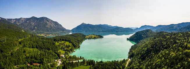 Fototapeta na wymiar Aerial Walchensee lake. Bavaria Germany. Herzogstand and Jochberg Mountain. Beautiful travel destination