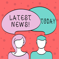 Word writing text Latest News. Business photo showcasing something that is most recent or currently just happened Blank Faces of Male and Female with Colorful Blank Speech Bubble Overlaying
