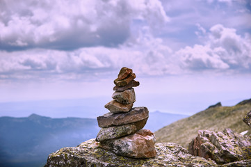 A pyramid of stones in the bark. Buddhist pyramda in tipiramida at the top of the Tiyuet mountains.