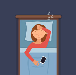 Sleeping woman face cartoon character happy girl have a sweet dream.
