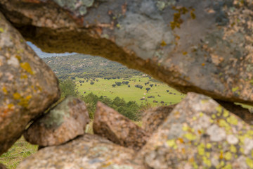 Mountain landscape framed by a stone wall