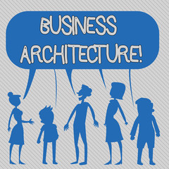 Text sign showing Business Architecture. Business photo showcasing Graphical representation of a business model Silhouette Figure of People Talking and Sharing One Colorful Speech Bubble