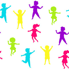 Multicolor silhouette joyful children jump together seamless pattern background. Kids playing. Happy childhood of boys and girls. Isolated vector illustration on white background