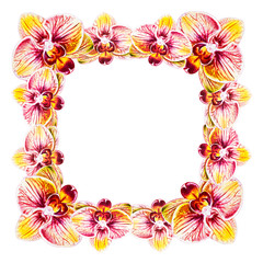 Beautiful frame from orchid flowers. Watercolor painting. Exotic plant. Floral print. Botanical composition. Wedding and birthday. Greeting card. Flower painted background. Hand drawn illustration.