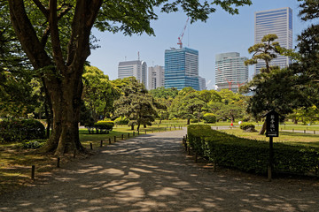 TOKYO, JAPAN, May 17, 2019 : Hama Rikyu Gardens is a public and former imperial garden in Minato and one of two surviving Edo period gardens in modern Tokyo