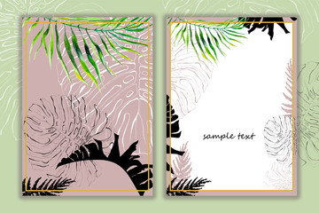 banner vertical set of hand drawn illustration in the contour of monstera leaves ink, watercolor green and black leaves tropical on pink background for use in design, paper, invitation cards