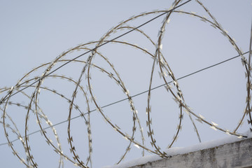 Barbed wire with electric voltage on the top of defensive fence in the prison